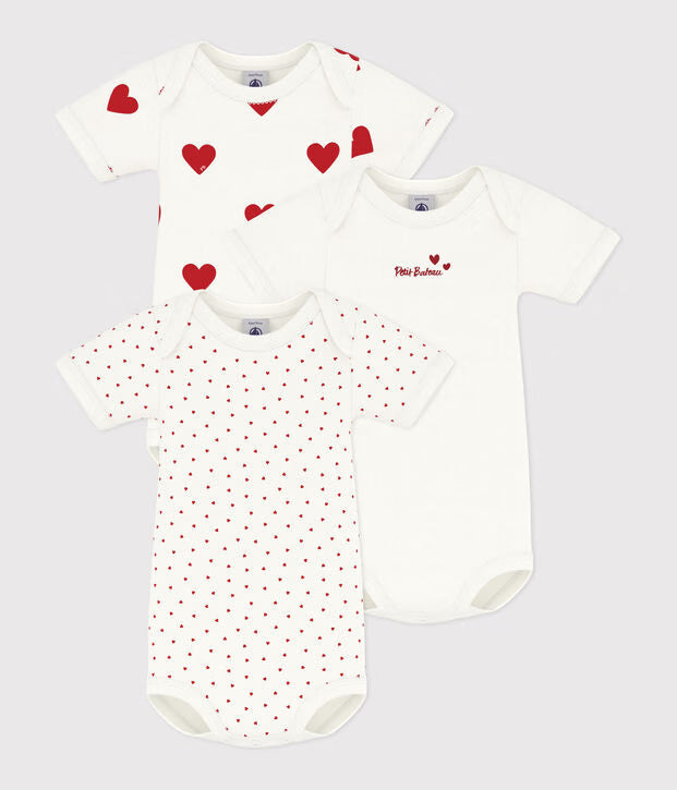 Set di body a maniche corte in cotone per neonati con cuori rossi