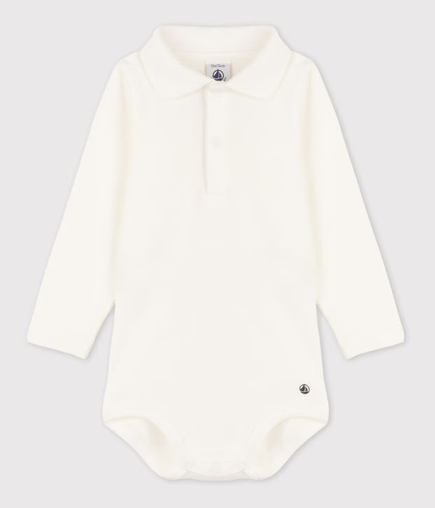 Body con colletto a polo in cotone tinta unita neonata