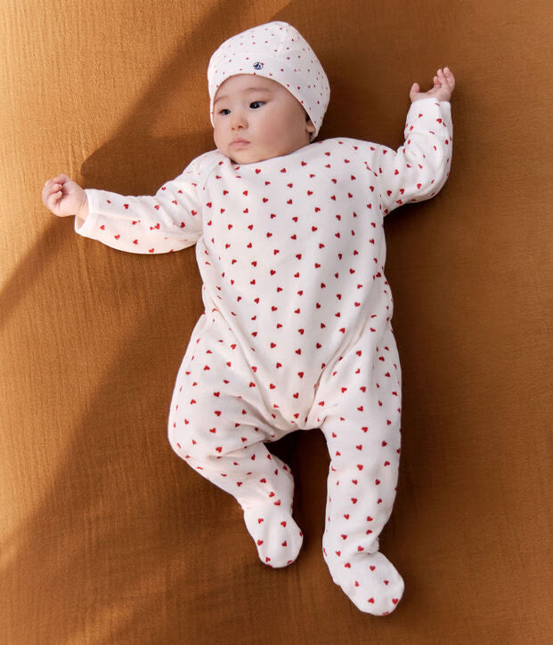 Tutina unisex per neonato in velluto/ciniglia con stampa a cuoricini