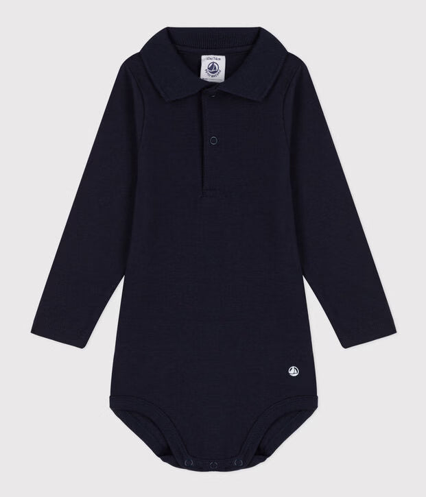 Body con colletto a polo in cotone tinta unita neonato