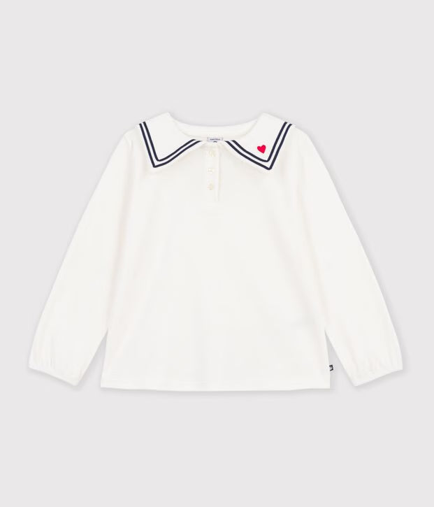 Blusa con colletto e maniche lunghe in cotone tinta unita bambina