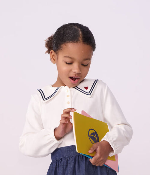 Blusa con colletto e maniche lunghe in cotone tinta unita bambina