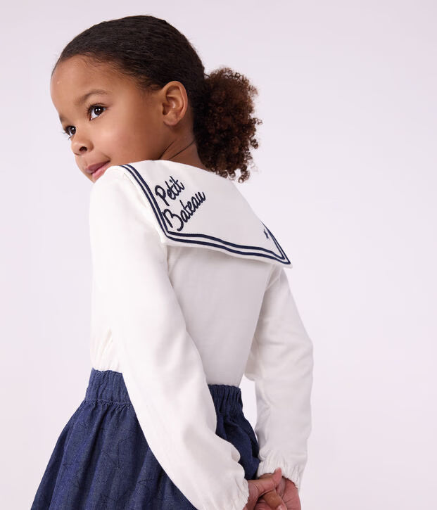 Blusa con colletto e maniche lunghe in cotone tinta unita bambina
