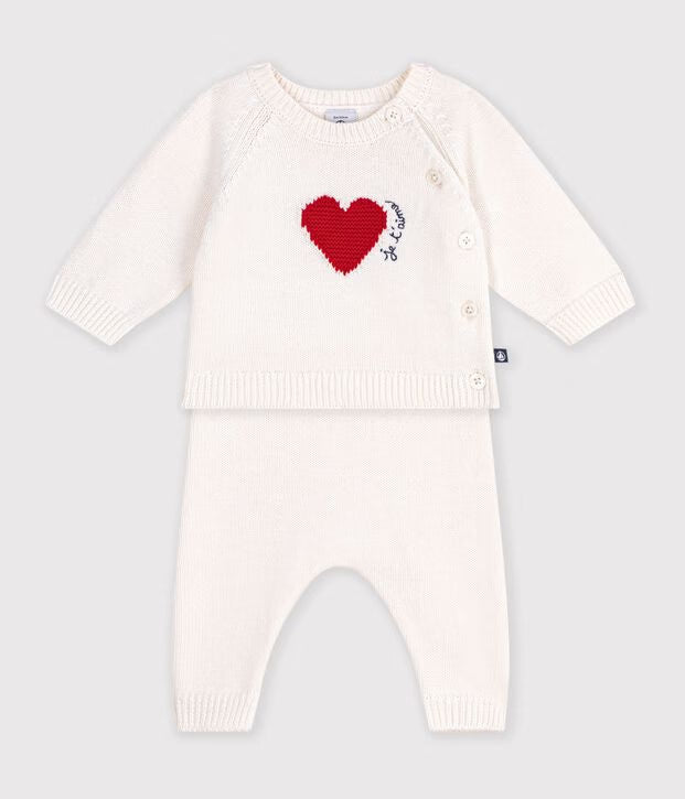 Completo in maglia jacquard con cuore neonato
