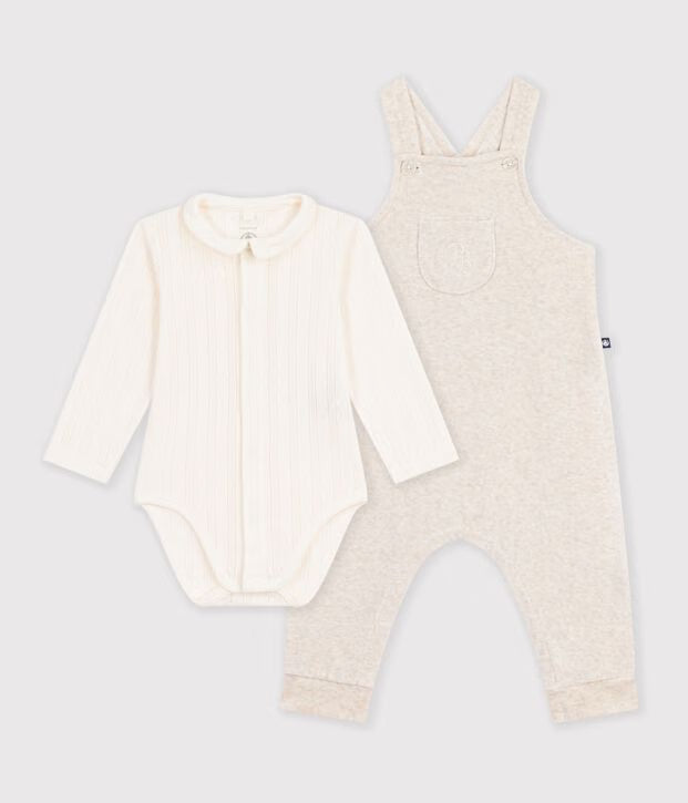 Set salopette e body con colletto in cotone tinta unita neonato