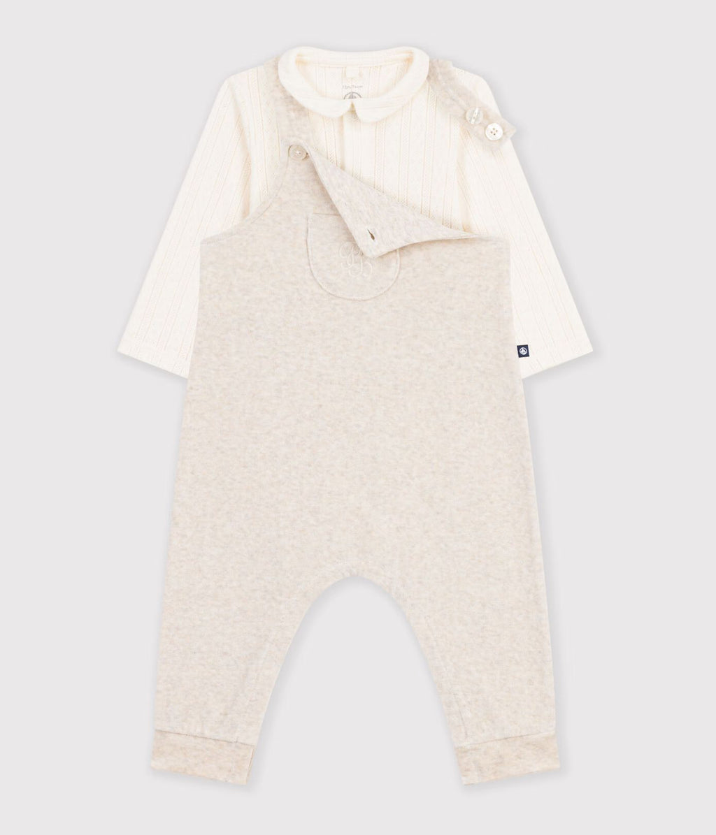 Set salopette e body con colletto in cotone tinta unita neonato