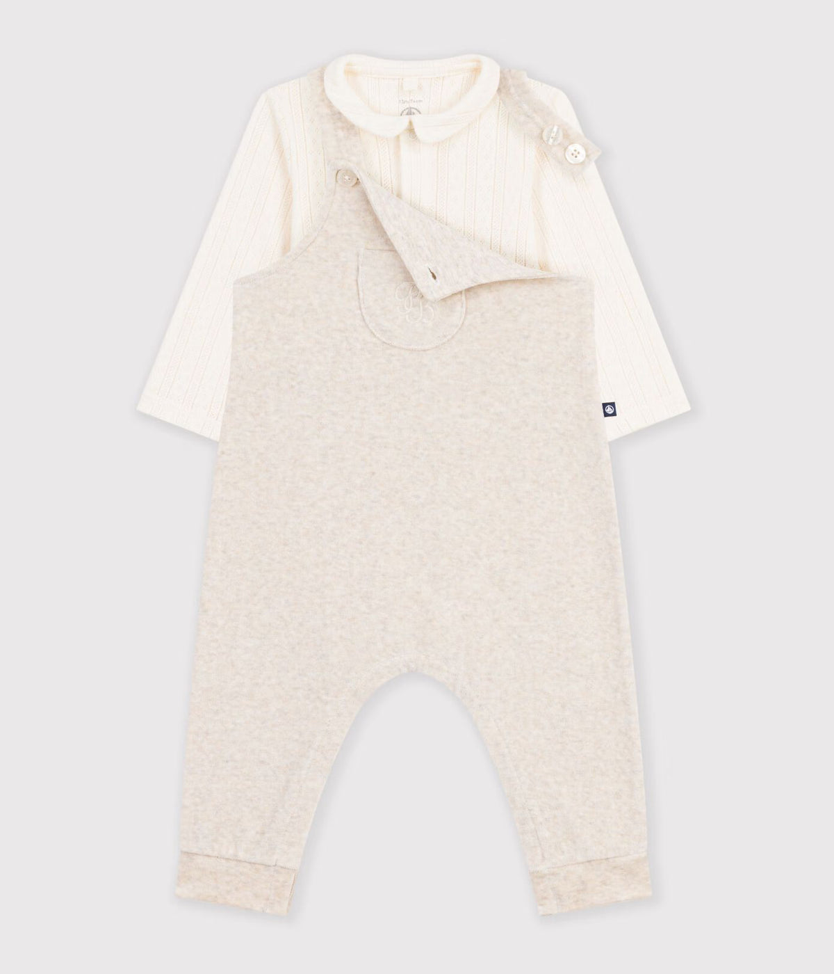 Set salopette e body con colletto in cotone tinta unita neonato