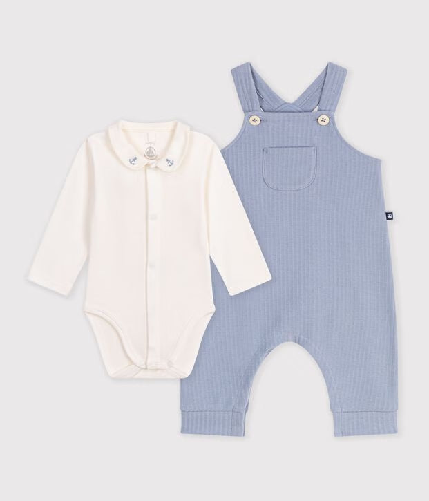 Set salopette e body con colletto in cotone tinta unita