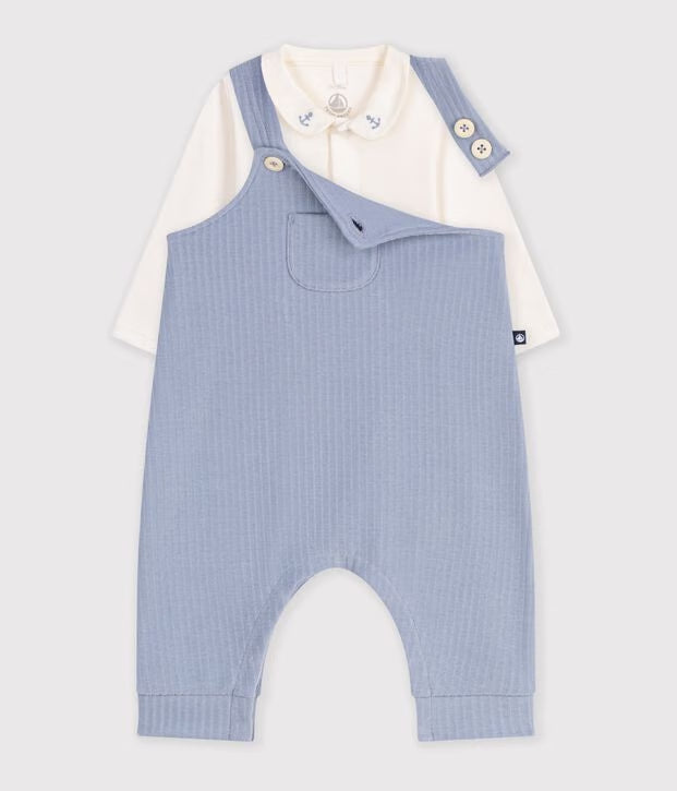 Set salopette e body con colletto in cotone tinta unita